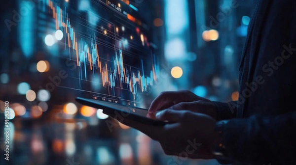 Fototapeta Business development concept. Business people using tablets and working together for financial data analysis, a business chart with a graph of stock market. Digital business growth. Business tech