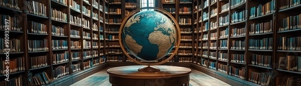 Fototapeta A library with a globeshaped reading nook, filled with books in various languages, celebrating International Literacy Day with a focus on global access to education