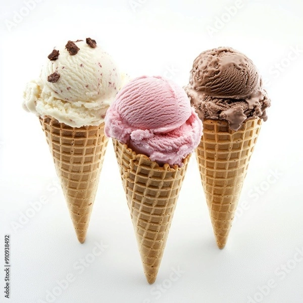 Fototapeta Three ice cream cones with assorted flavors on white background Generative AI