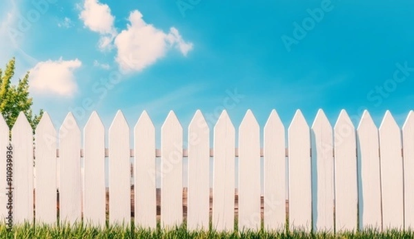 Fototapeta A white fence made of vertical slats is set against the blue sky
