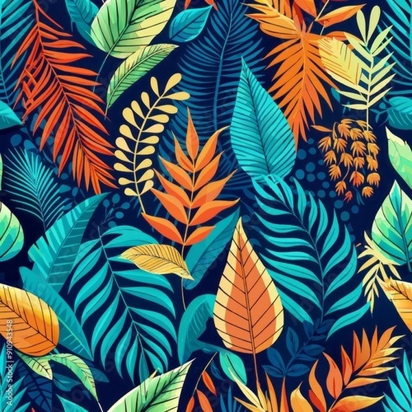 Fototapeta Seamless pattern of vibrant tropical leaves and ferns