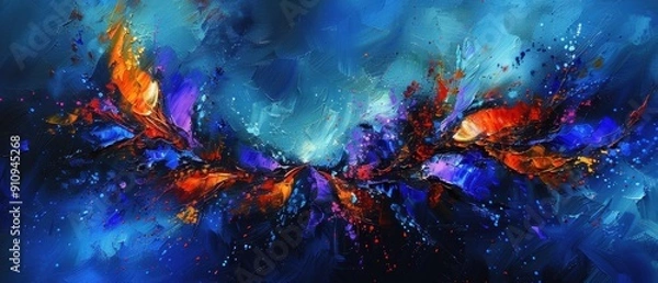 Fototapeta Vivid abstract painting with bold colors in blue, red, and orange, creating a dynamic and vibrant visual impact.