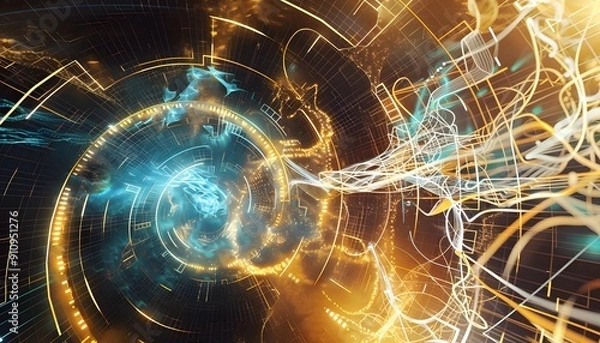 Fototapeta Abstract Digital Art: Intertwined Lights and Circles. Abstract digital art featuring swirling lines and a central circular pattern.