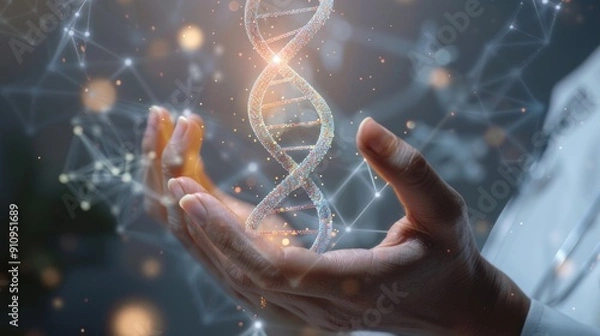 Fototapeta Hand Holding a Glowing DNA Double Helix with Abstract Background