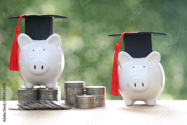 Fototapeta Graduation hat on piggy bank with stack of coins money on nature green background, Saving money for education concept 
