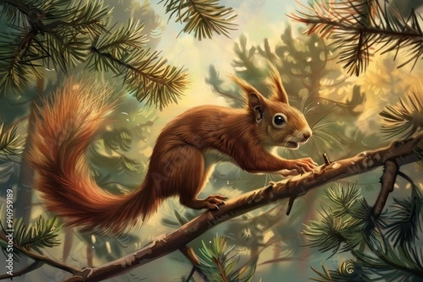 Obraz A playful red squirrel leaping from branch to branch in a pine tree forest.