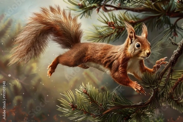 Fototapeta A playful red squirrel leaping from branch to branch in a pine tree forest.