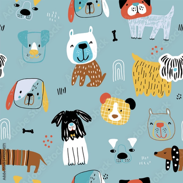 Fototapeta Seamless vector pattern with cute cartoon dogs. Creative childish texture for fabric, apparel, textile