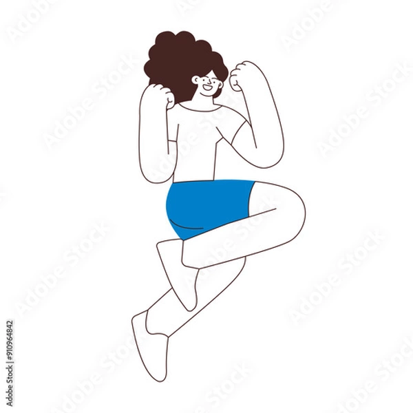 Fototapeta Happy business employee woman jumping in the air cheerfully isolated on white background. Black and white modern flat vector illustration. Social media concept.