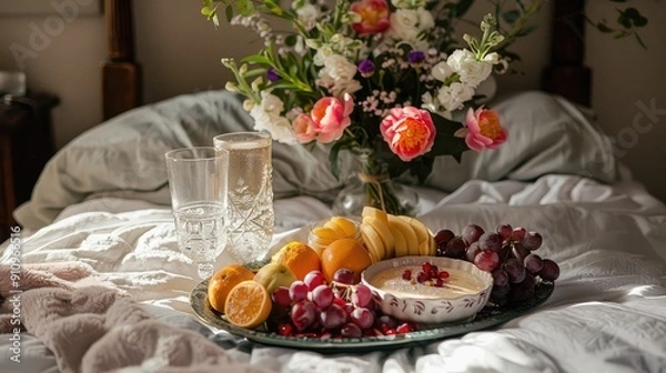 Fototapeta Mother's Day breakfast in bed setup with fresh flowers