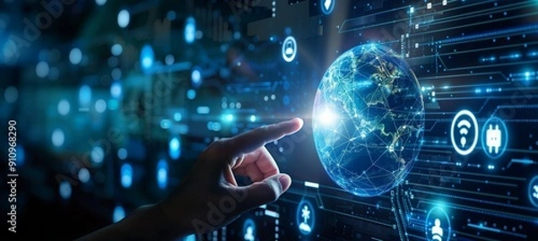 Fototapeta digital technology Illustration of global network concept with icons and globe internet network connection concept.