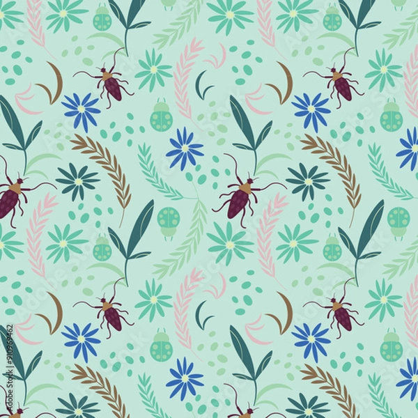 Obraz Ladybug and leaves seamless pattern. Seamless pattern with moth and flower in hand-drawn style. Summer pattern background