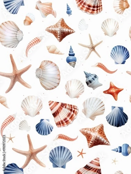 Fototapeta Nautical-themed seamless watercolor pattern featuring seashells and marine elements, capturing the essence of oceanic beauty and coastal charm in vibrant hues.