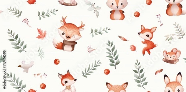Obraz Seamless watercolor pattern featuring cute woodland creatures in playful scenes, showcasing charming animal illustrations and a whimsical forest ambiance.