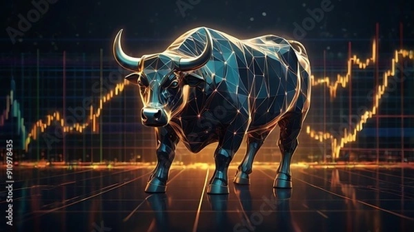 Obraz Stock market illustration of bull market, growth in net worth of market in a bullish asset market, trading up worth graph, golden bull on blue background
