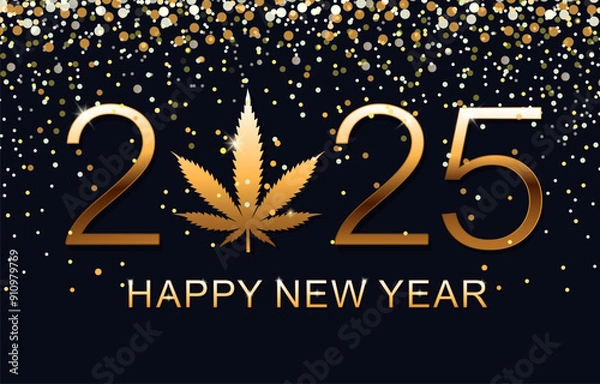 Fototapeta Happy New Year 2025. Greeting Card. New Year Shining background with marijuana leaf. Vector illustration.