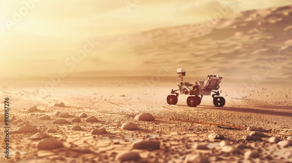 Fototapeta A lone rover navigates the barren, Martian-like terrain at sunset, evoking exploration and the pursuit of the unknown.