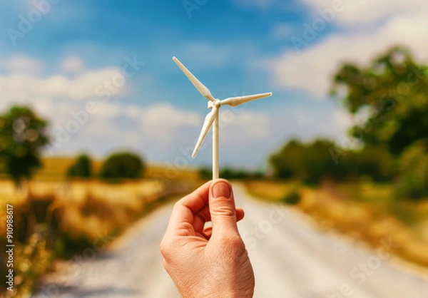 Fototapeta Hand Holding Miniature Wind Turbine. A close-up photo of a hand holding a small wind turbine model against a backdrop of a rural road and landscape, symbolizing renewable energy.
