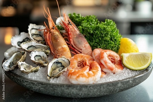 Fototapeta Fresh seafood display with oysters, clams, and prawns on crushed ice, garnished with lemon and parsley