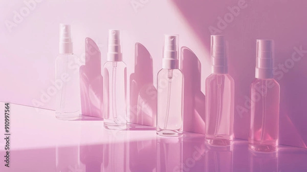 Fototapeta A lineup of perfume spray bottles casts shadows against a pastel pink backdrop, presenting a stylish and elegant product display.