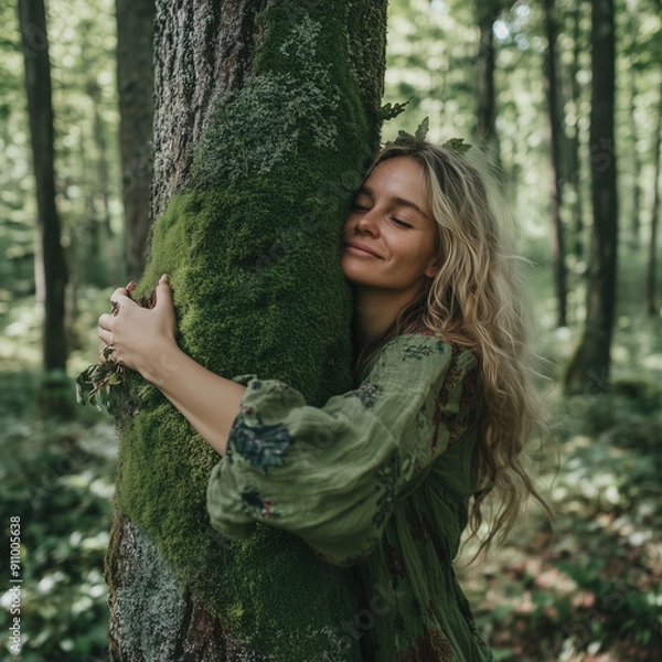 Fototapeta A woman gently embraces a moss-covered tree in a tranquil forest, embodying a deep connection with nature and a sense of peace and mindfulness in the greenery.