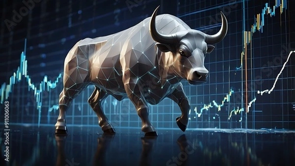 Obraz Stock market illustration of bull market, growth in net worth of market in a bullish asset market, trading up worth graph, white bull on blue background