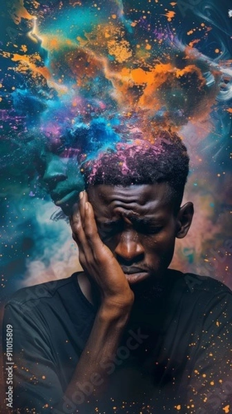 Fototapeta Image shows a contemplative Black man with eyes closed and colorful abstract patterns above his head. Surreal atmosphere conveys deep thought and creativity.