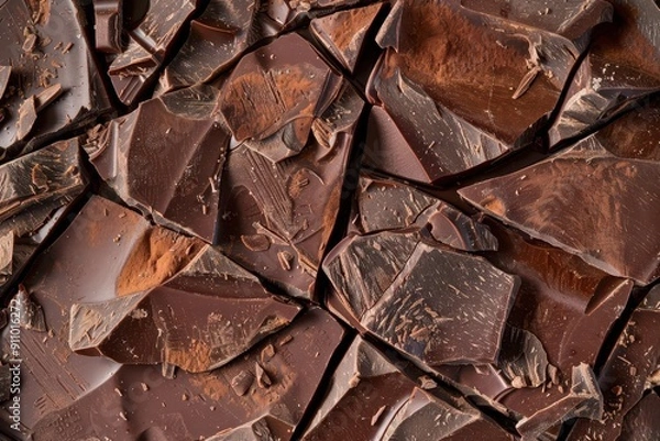 Fototapeta artisanal chocolate bar broken into irregular pieces rich brown tones visible cocoa nibs handcrafted appearance textured surface