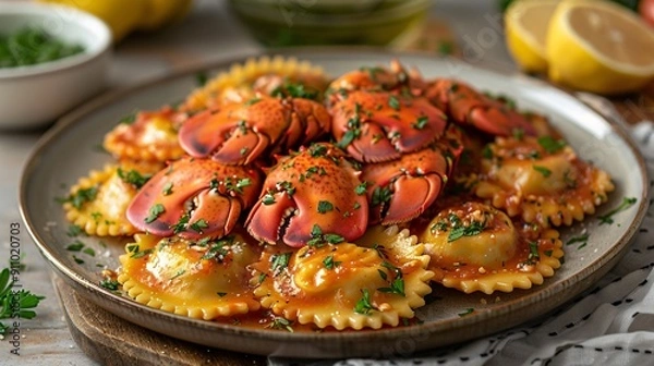Obraz Lobster Ravioli with Tomato Sauce and Parsley