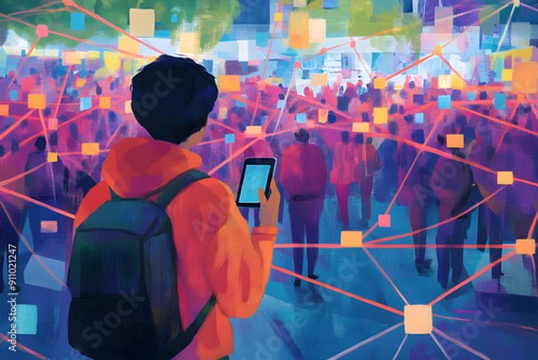 Obraz A person using a smartphone with social media power lines connecting them to a large digital crowd