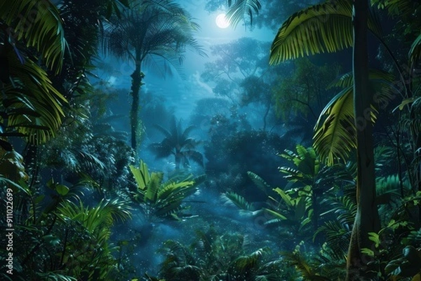 Fototapeta atmospheric night scene in lush tropical jungle bioluminescent plants glowing misty air moonlight filtering through dense canopy