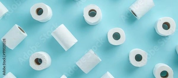 Fototapeta Minimalistic flat lay composition with copy space image featuring panic shopping during the Coronavirus pandemic, showcasing a sparse supply of toilet paper rolls on a light blue background.