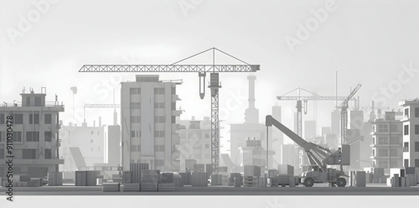 Fototapeta Construction Site with Cranes 3D Illustration