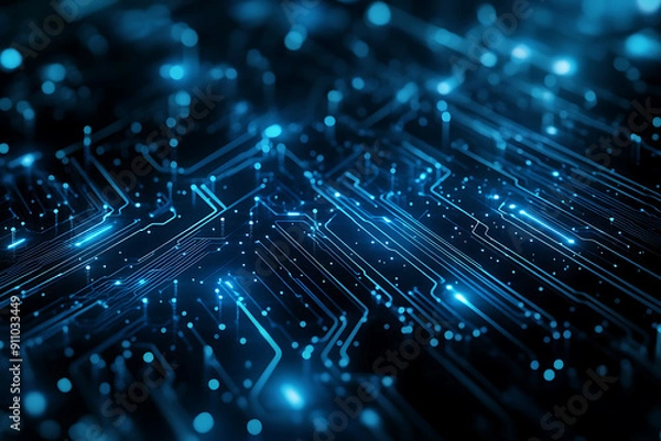 Fototapeta Abstract digital network circuit board background banner featuring connecting data points in blue and black colors. This design emphasizes the complexity and sophistication of modern technology