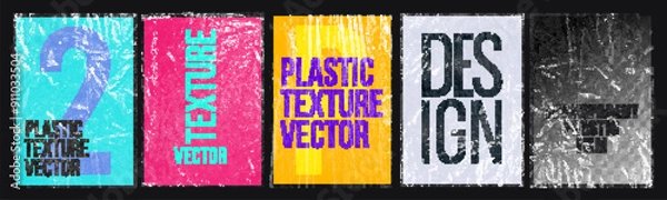 Fototapeta Plastic wrap texture collection, transparent stretched film polyethylene. vector design element graphic rumpled plastic warp. Realistic mockup poster vector set background illustration