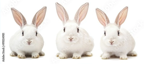 Fototapeta A set of three white rabbits (portraits, sitting), isolated on a white background