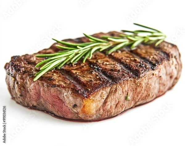 Fototapeta On a transparent background, a close up shot of a red sliced juicy venison steak with riffles