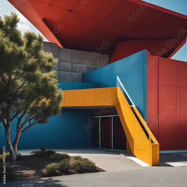 Fototapeta Neo Brutalism: Bold Geometric Shapes and Vibrant Solid Colors in Architectural Design