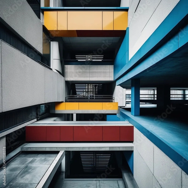 Fototapeta Neo Brutalism: Bold Geometric Shapes and Vibrant Solid Colors in Architectural Design