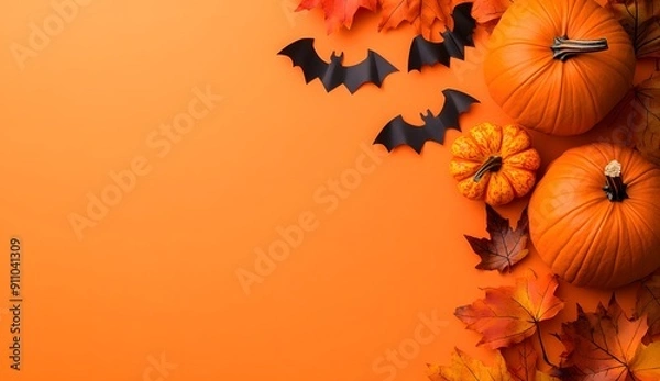 Fototapeta Halloween background with pumpkins, bats and autumn leaves on orange color surface. Flat lay top view copy space concept for Halloween holiday celebration banner