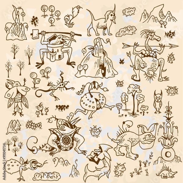 Obraz Surreal Hieronymus Bosch-Inspired Vector Illustrations, Map Builder Line Art 