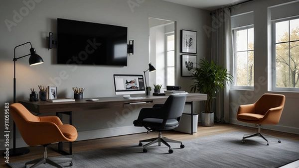 Obraz A modern home office with multiple monitors, high-tech gadgets