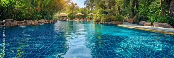 Fototapeta A luxurious pool with vibrant blue water, surrounded by lush tropical gardens and lined with comfortable loungers under umbrellas.