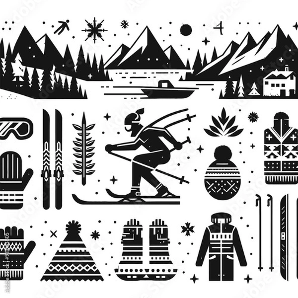 Obraz black and white Nordic skiing elements set flat illustration 