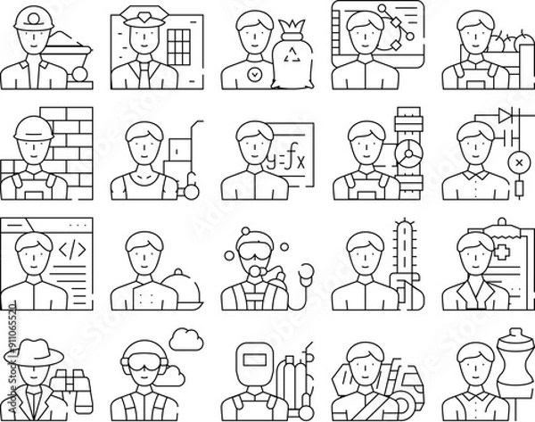 Fototapeta Male Occupation Job Collection Icons Set Vector. Miner And Policeman, Volunteer And Designer, Farmer And Builder, Mover And Plumber Occupation Black Contour Illustrations