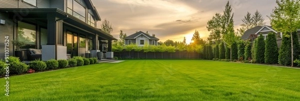 Fototapeta A scenic backyard with a vast green lawn, surrounded by trees and neighboring houses, epitomizing tranquility and suburban family living.