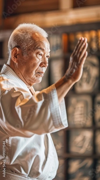 Fototapeta A seasoned martial artist showcases precise techniques in a tranquil dojo, emphasizing skill and discipline