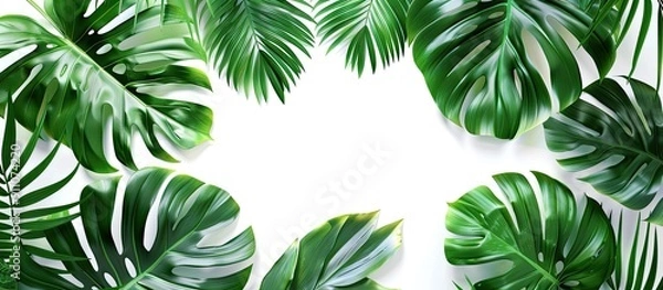 Fototapeta Tropical green leaves on white background with leaf pattern and central copy space image
