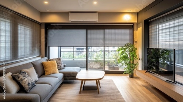 Fototapeta Block-out cellular blinds in a small apartment, adding to the modern decor while providing excellent light control