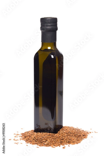 Obraz Flax oil and flax seeds isolated on white background